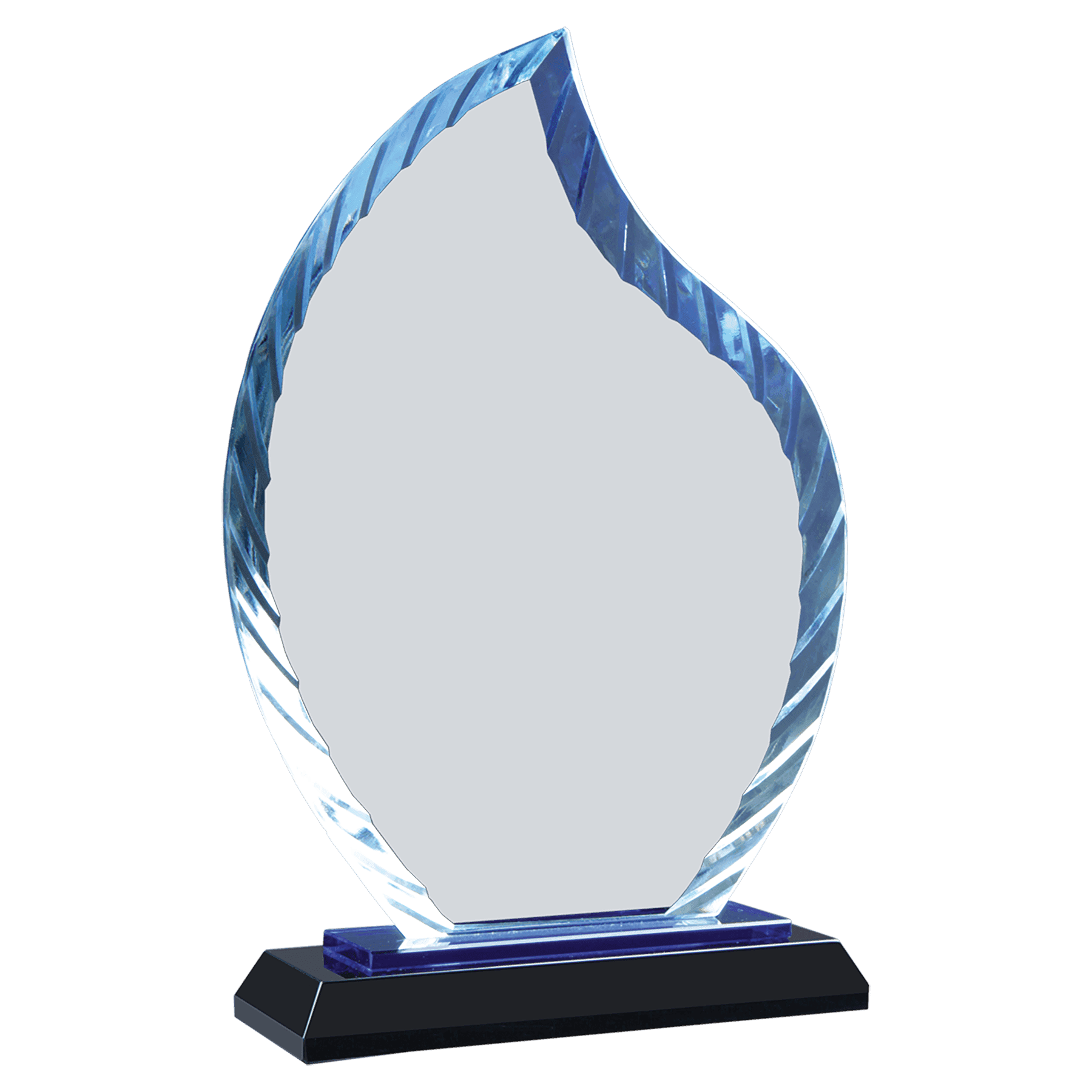 Personalized Clear Flame Accent Glass on Blue & Black Reflective Base – 8"